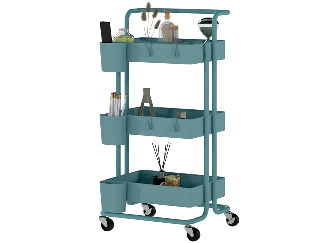 Carrinho utilitário com rodas, multifuncional, ganchos, caixas suspensas, 42x38x86,5cm, azul esverdeado, ORBITRA COMMERCE