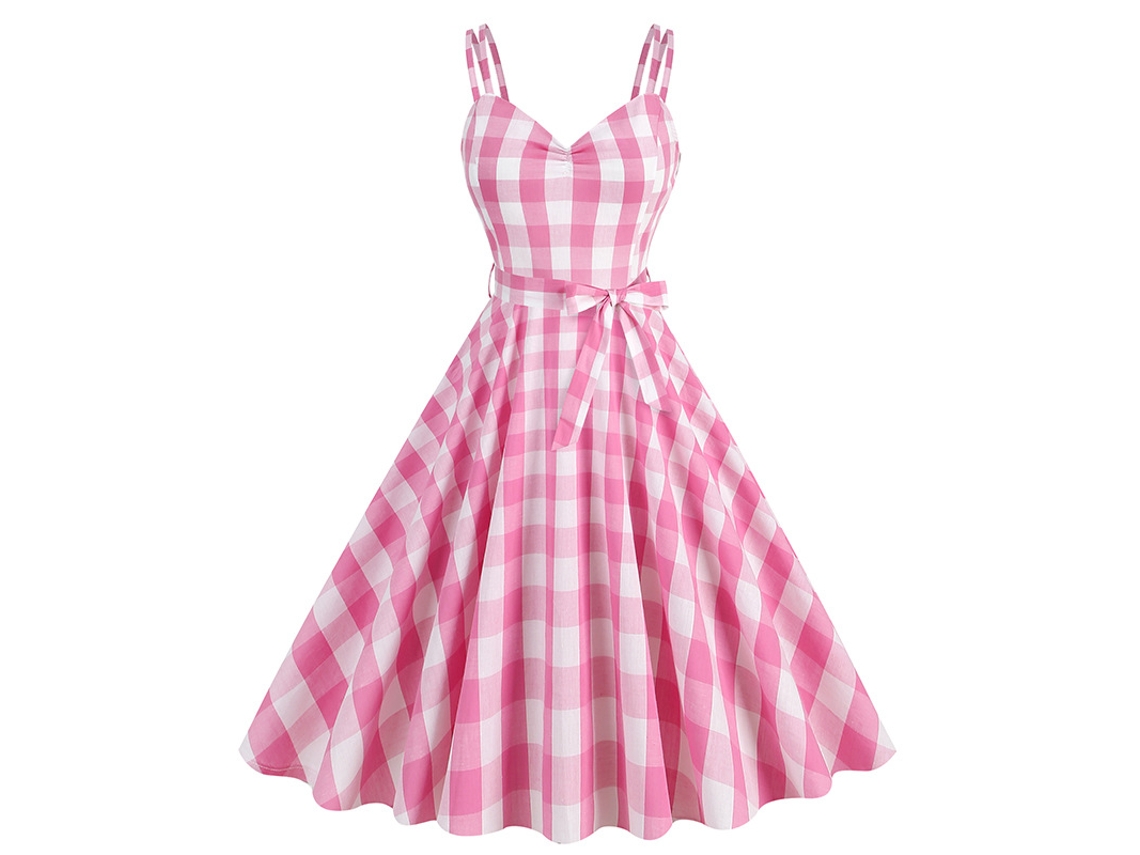 Roupas de Natal Vintage Barbie Rosa Xadrez Feminino Vestido M