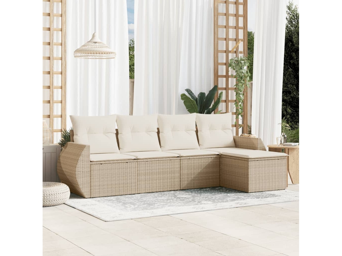 Vidaxl 5 Pcs Conjunto De Sofás P/ Jardim Com Almofadões Vime Pe Bege