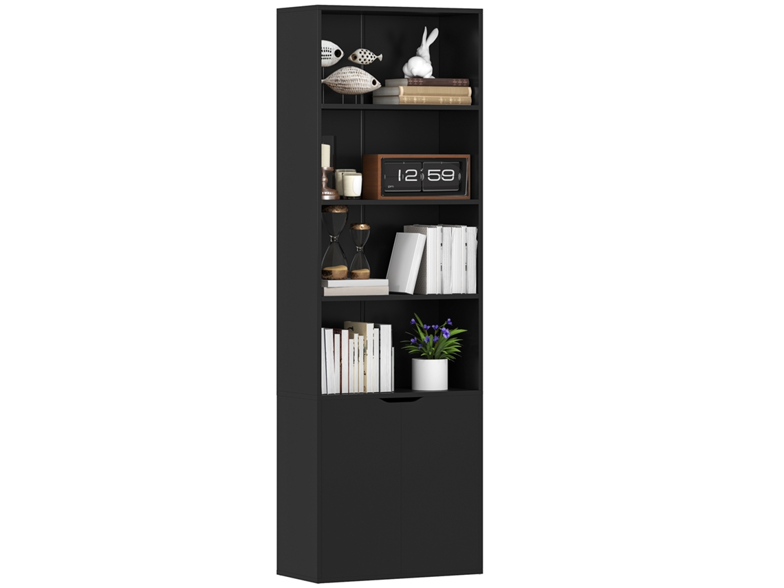 Estante 6 de Andares com Portas 4 Prateleiras Abertas para Estudo da Sala de Estar 59x29x180 Cm Preto