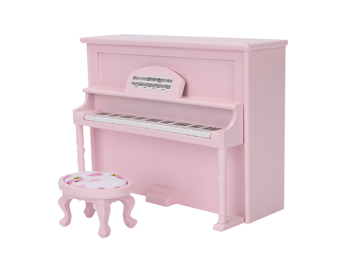 Mali acessório Casa de Bonecas Piano Vertical Mini com Banco de Madeira 1:12 Rosa