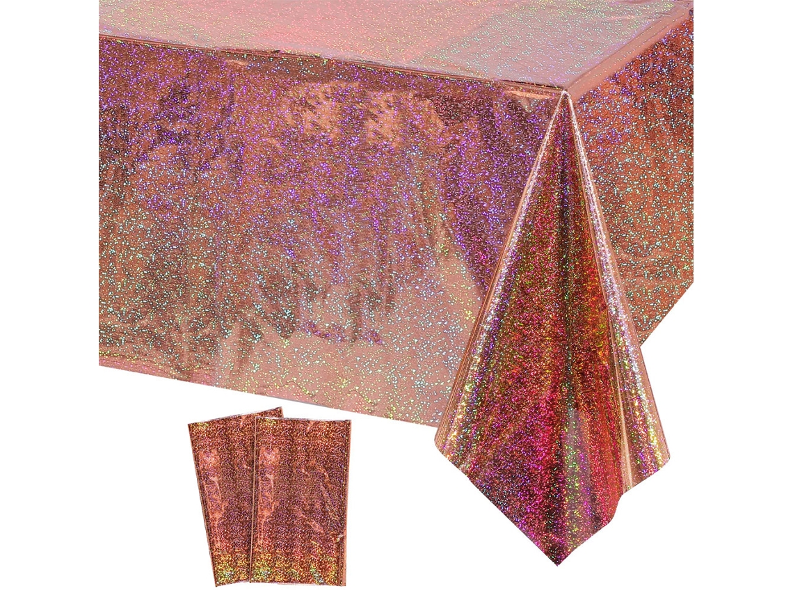 Pacote com 2 Toalhas de Mesa de Plástico Iridescência Capas de Mesa de Folha Holográfica para Decoração 54 X 108 Polegadas Ouro Rosa