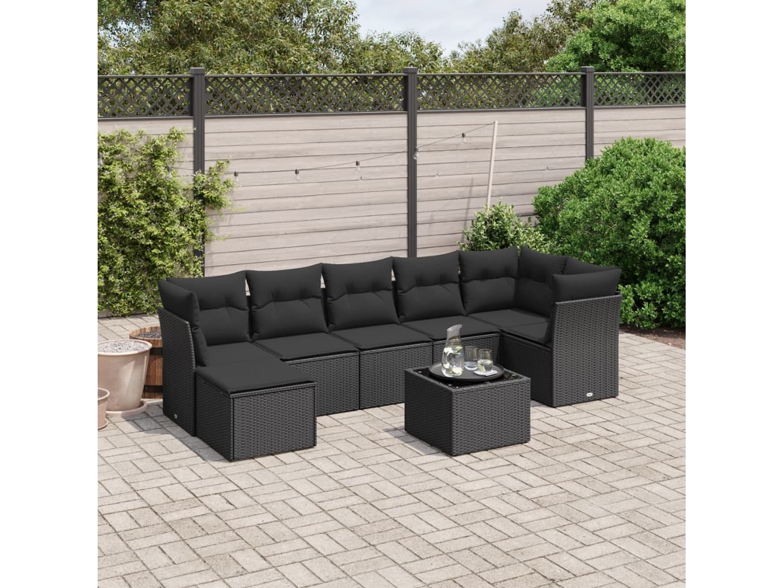 Vidaxl 8 Pcs Conjunto Sofás de Jardim com Almofadões Vime Pe Preto