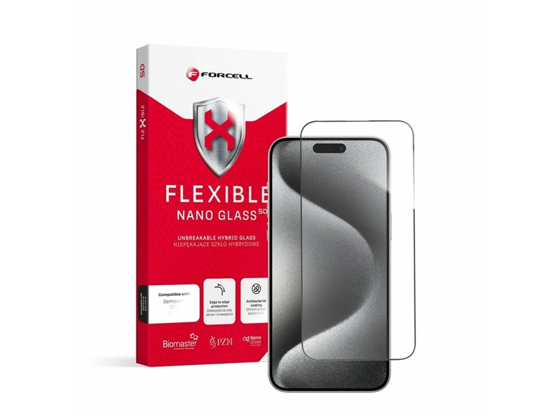 Película de Ecrã Nano Flexível para iPhone 15 Pro Max FORCELL Vidro Preto