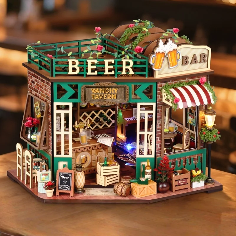 Miniatura De Taverna Retrô Para Montar, Casa De Bonecas 3d De Madeira Com Mobília.