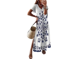2026 vestido Largo de Manga Corta Impreso para Mujer Con Cuello En V, Holgado Y Slit, Talla Plus