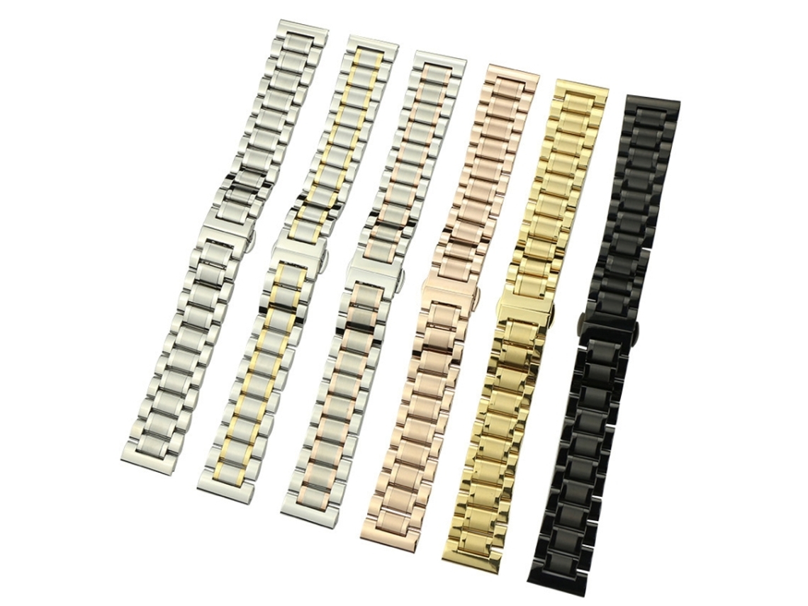Bracelete de aço de 18 mm com fivela borboleta cinco contas Bracelete de relógio unissex de aço inoxidável sólido, cor: ouro rosa intermediário