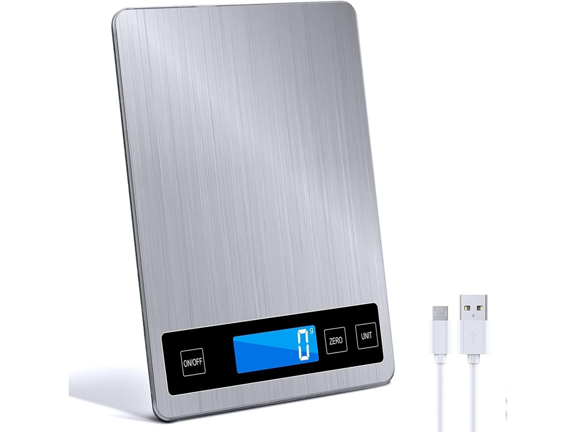 Balança Eletrônica Doméstica de Cozinha Recarregável, Bateria de Aço Inox, Branco Metálico, 15 Kg1 G Zeuxo