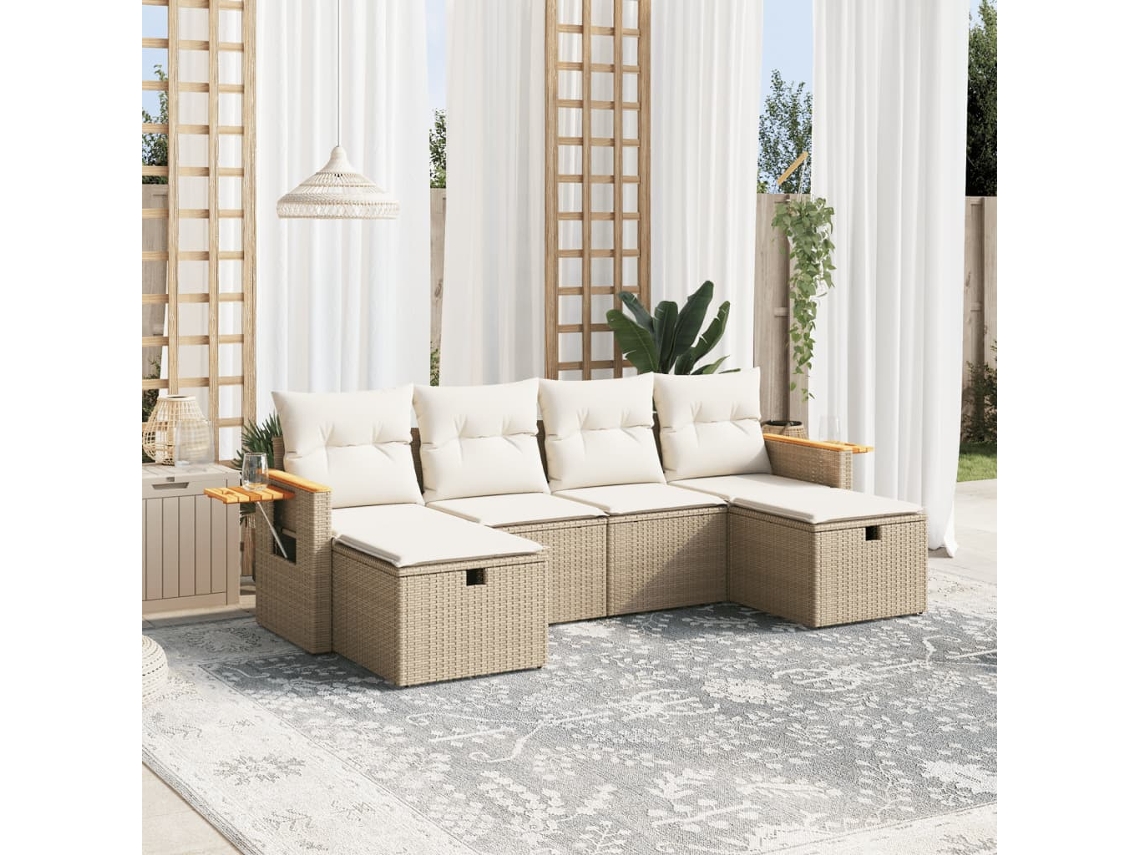 Vidaxl 6 Pcs Conjunto De Sofás P/ Jardim Com Almofadões Vime Pe Bege