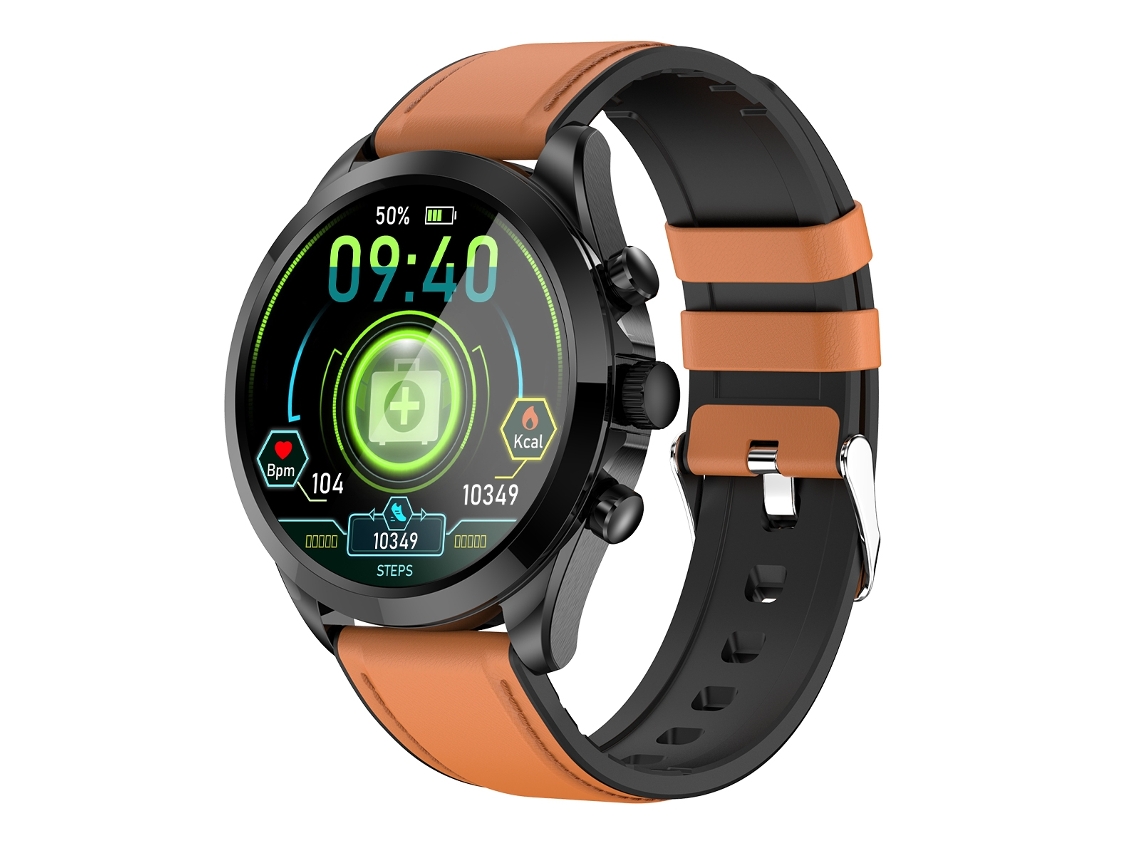 Smartwatch ET440 com pulseira de couro com tela colorida de 1,39'', suporte para monitoramento de frequência cardíaca / pressão