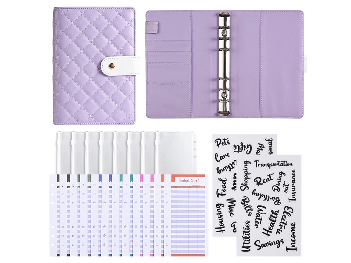 A6 Macaron Pu Leather Ring Binder Budget Planner Purple Bread Style, Includes 12-budget Cards + 8-zipper Bags 2-word