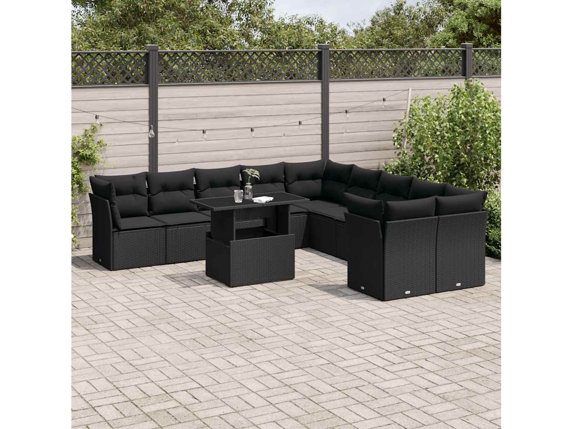 Vidaxl 11 Pcs Conjunto Sofás de Jardim C/ Almofadões Vime Pe Preto