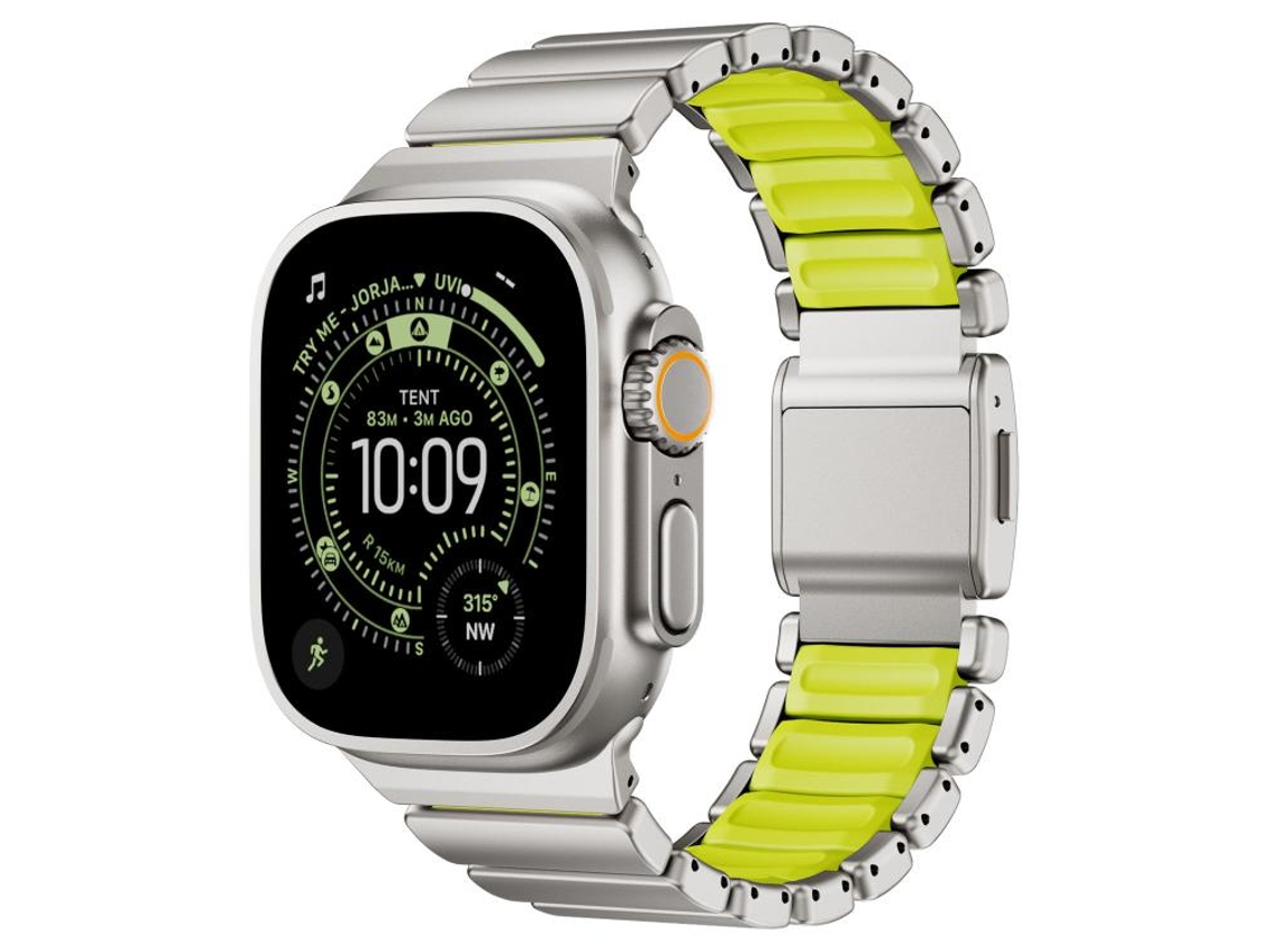 Bracelete Para Apple Watch 46/49/45/44mm - Silicone Com Revestimento Aço Inoxidável E Fecho Magnético Verde Titânio