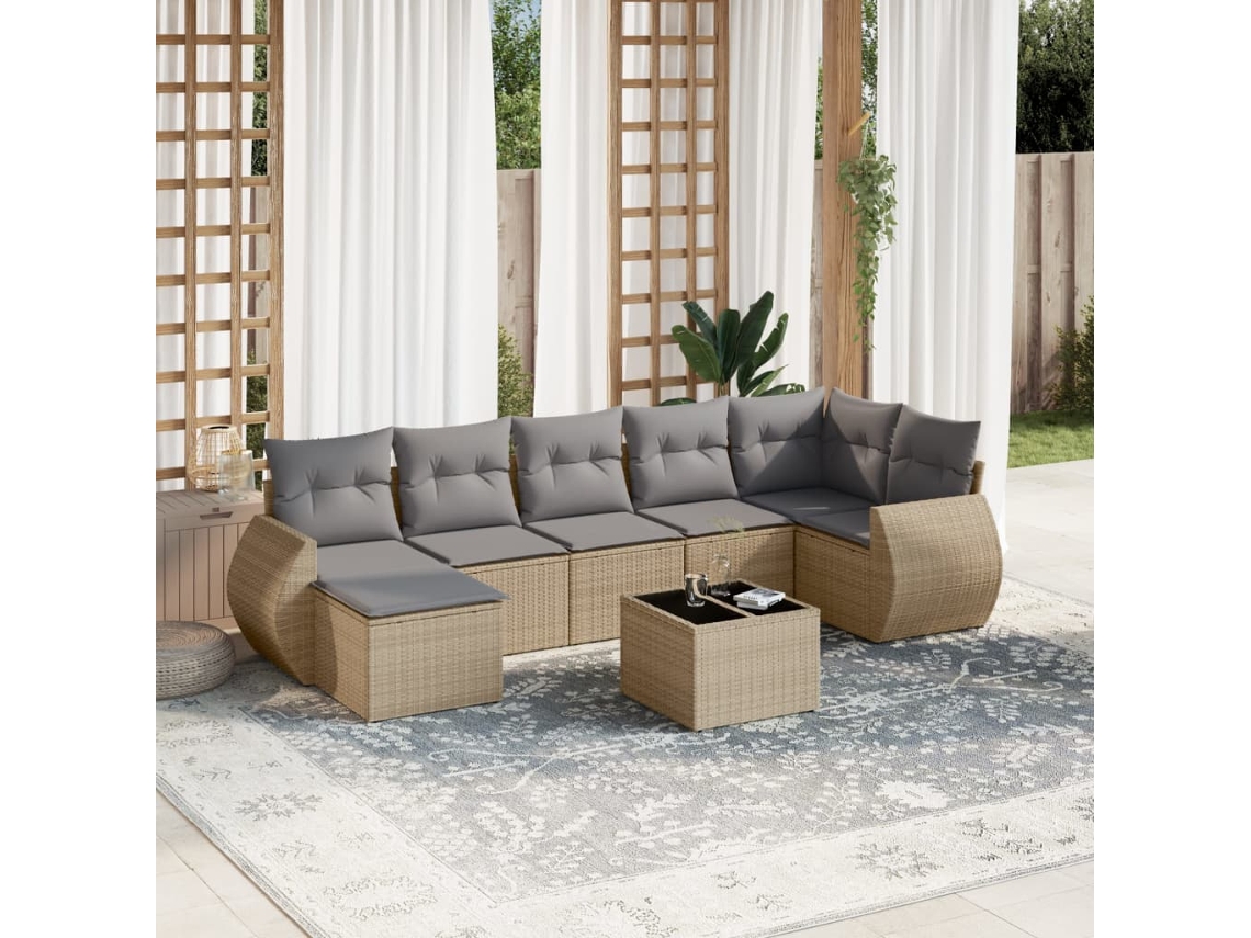 Vidaxl 8 Pcs Conjunto De Sofás P/ Jardim Com Almofadões Vime Pe Bege