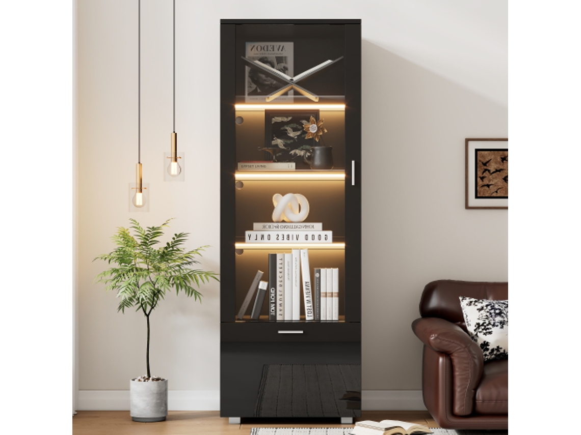 Vitrine de acrílico LYYTUNG com suportes de vidro brilhante, iluminação LED e 3 prateleiras para coleções, perfumes e livros.