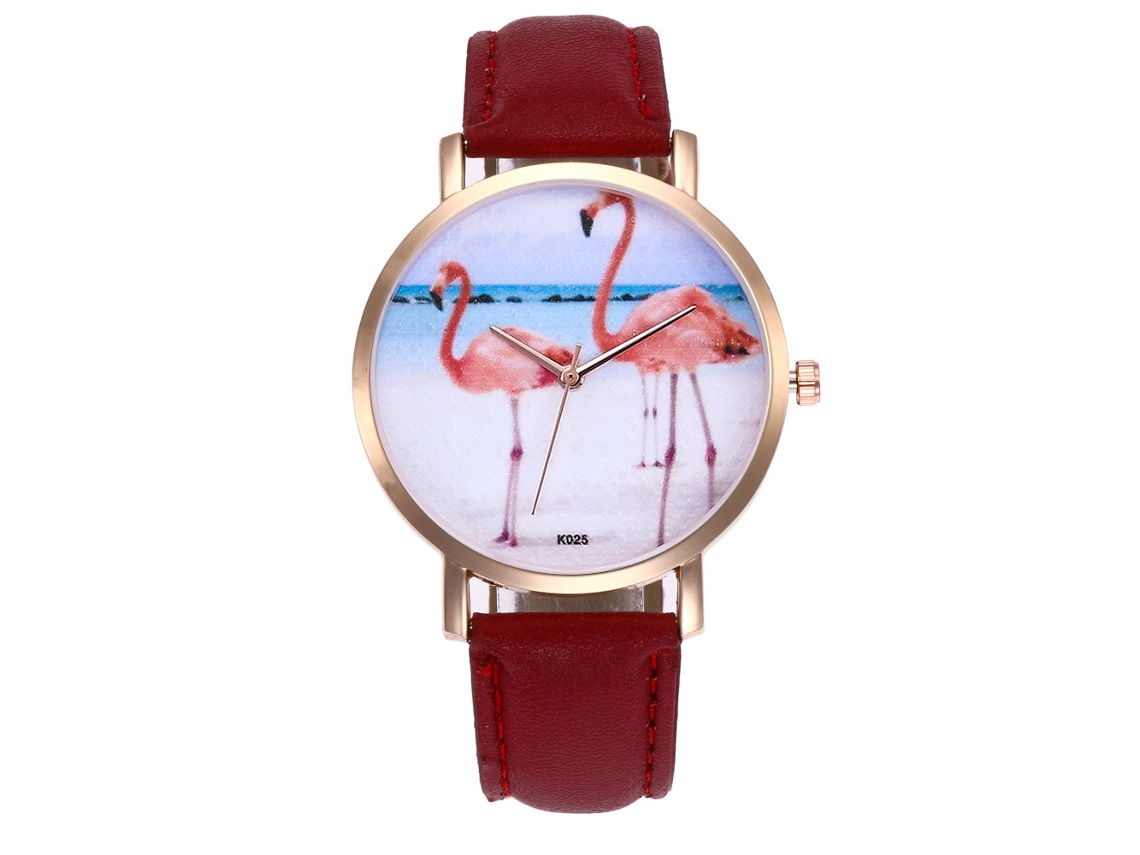 Relógio de Pulso Feminino de Quartzo com Pulseira de Couro Pu Estilo Simples e Dial Redondo Vermelho