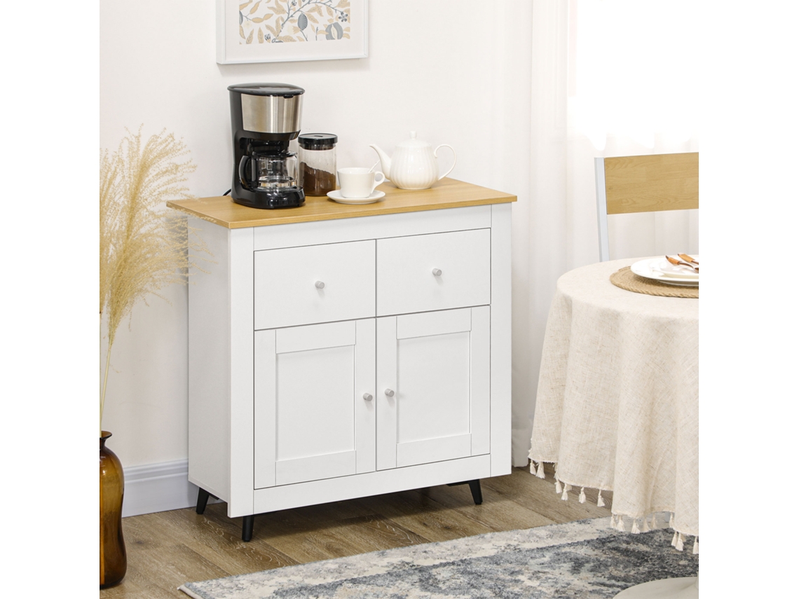 Buffet multifuncional ZIWEI STORE com 78x35x80 cm, branco, madeira, portas duplas, 2 gavetas, prateleiras ajustáveis, para hall de entrada e quarto.