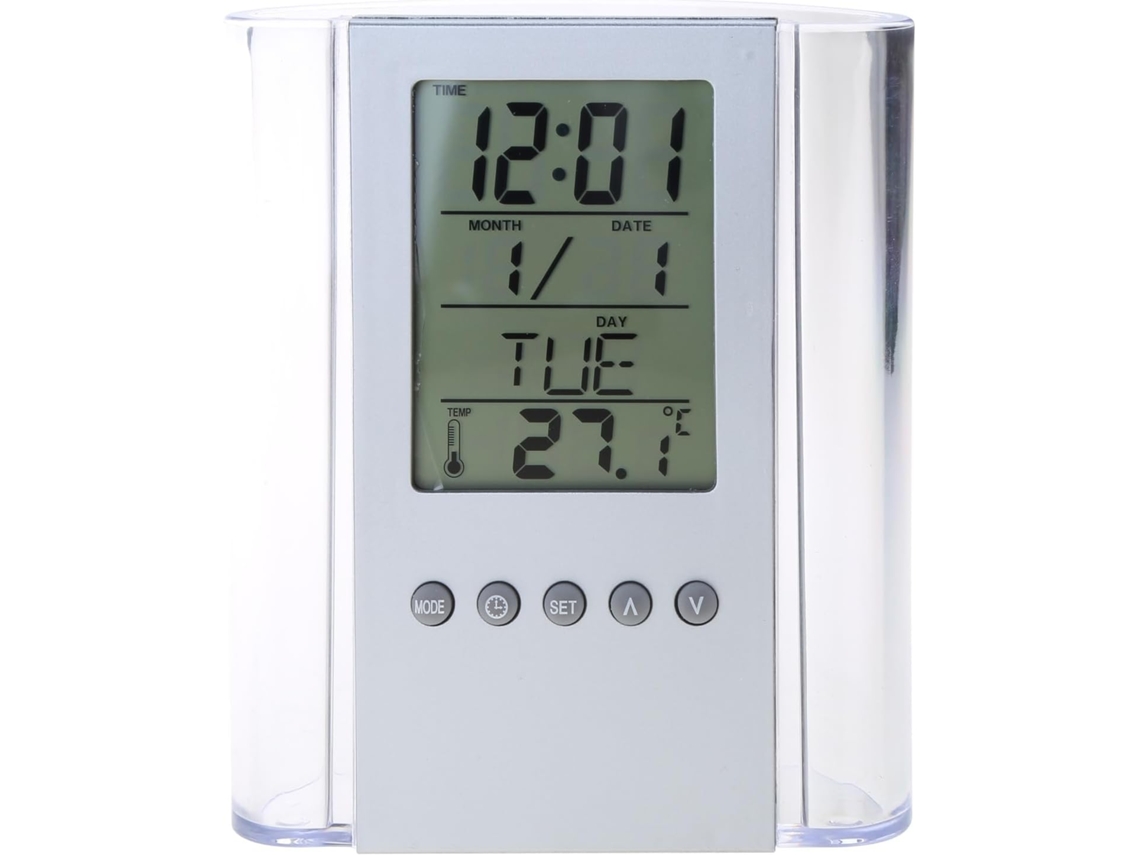 Despertador digital LCD, organizador de mesa para lápis, calendário e termômetro, porta-lápis.