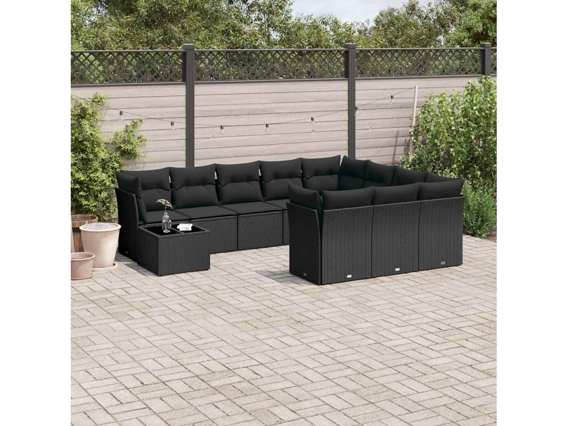 Vidaxl 11 Pcs Conjunto Sofás De Jardim C/ Almofadões Vime Pe Preto