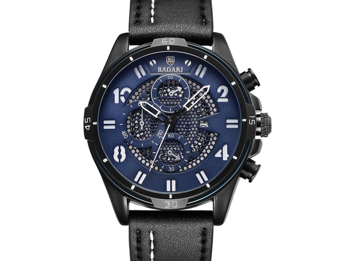 Relógio Bagari Masculino Luminoso de Quartzo com Pulseira de Couro PU, Resistente à Água 3ATM (Preto e Azul)