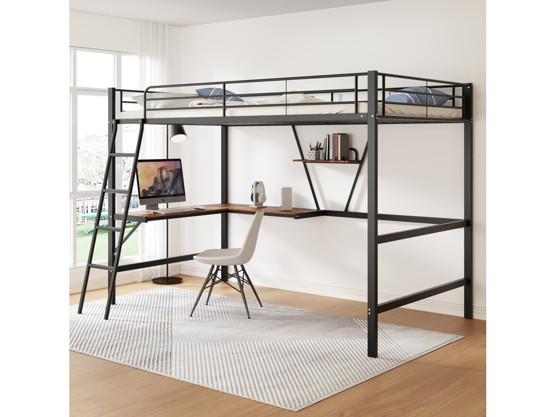 Cama Mezanino Ferro Preta 90x200cm, Escrivaninha L, Prateleira. Cs