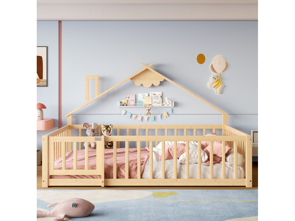 Cama Cabana 140x190 Cm Com Barreiras De Segurança Madeira Maciça Natural Mobrio (sem Colchão)