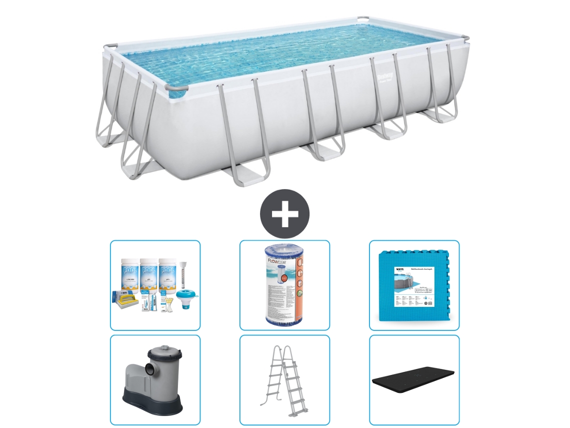 Piscina Retangular Power Steel BESTWAY 549 X 274 X 122 Cinza Incluindo Bomba Escada Cobertura Pacote de Manutenção Filtro Ladrilhos