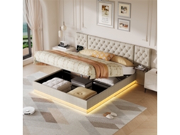 Cama De Casal 160x200 Cm, Estofada Com Cabeceira E Espaço De Arrumação, Cama Com Led E Usb, Base Ripada Com Estrutura, Bege
