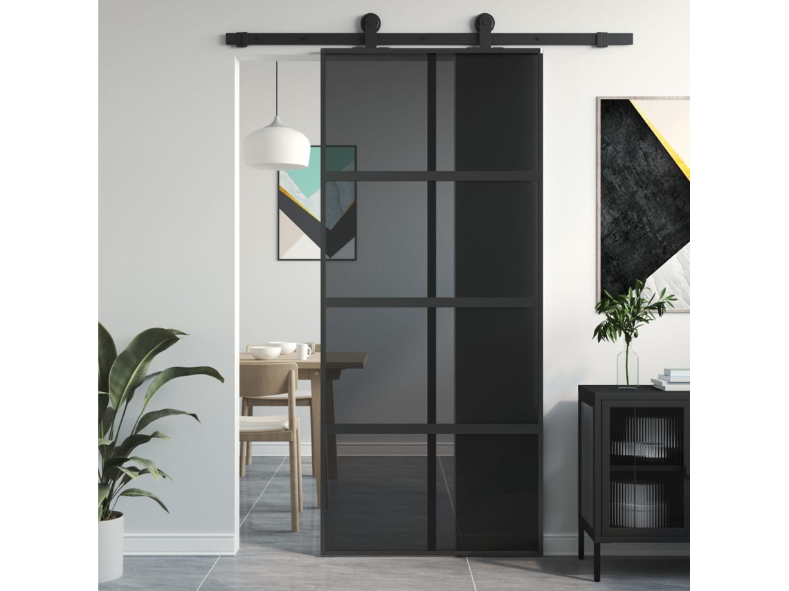Porta Deslizante 90x205 Cm Vidro Temperado E Alumínio Preto