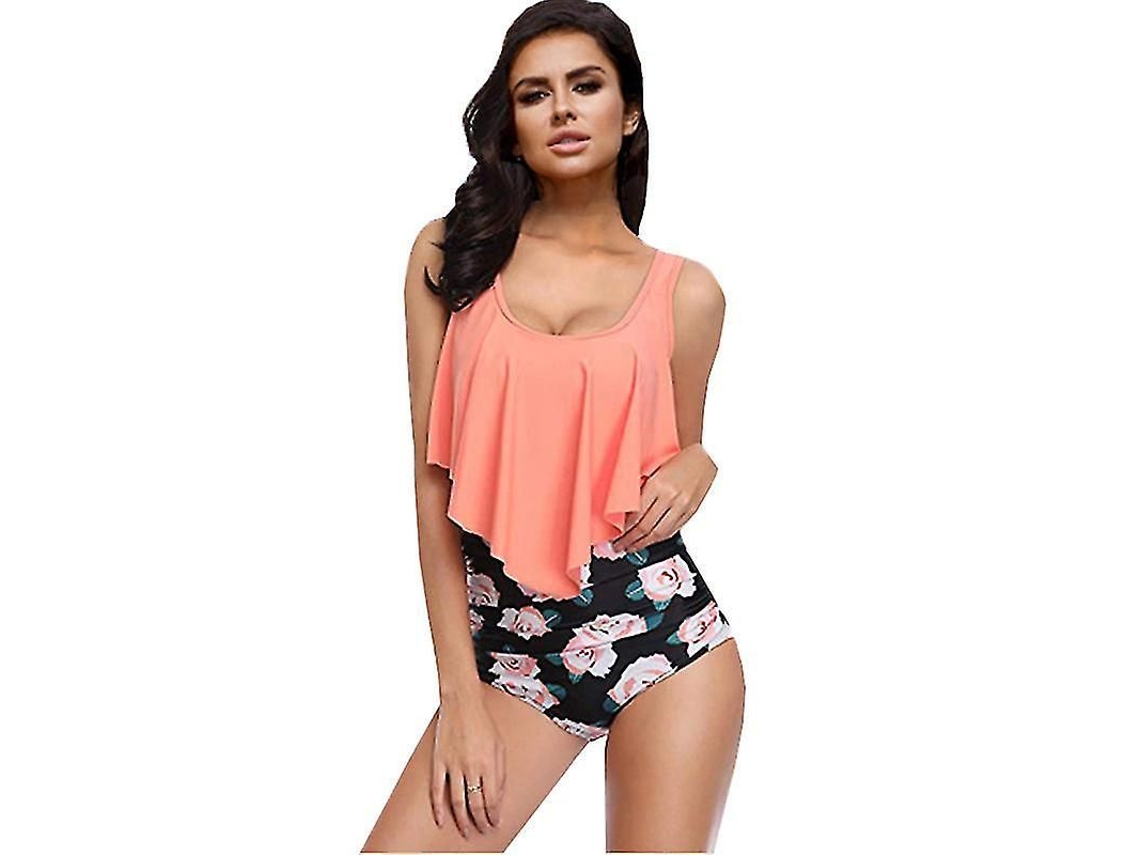 Fasst Conjunto de Bikini Tankini com Babados Mulher Traje de Banho Cintura Alta Beachwear Multicolor