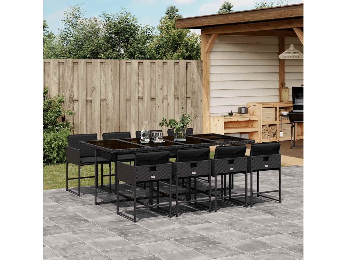 Vidaxl 9 Pcs Conjunto De Jantar P/ Jardim C/ Almofadões Vime Pe Preto