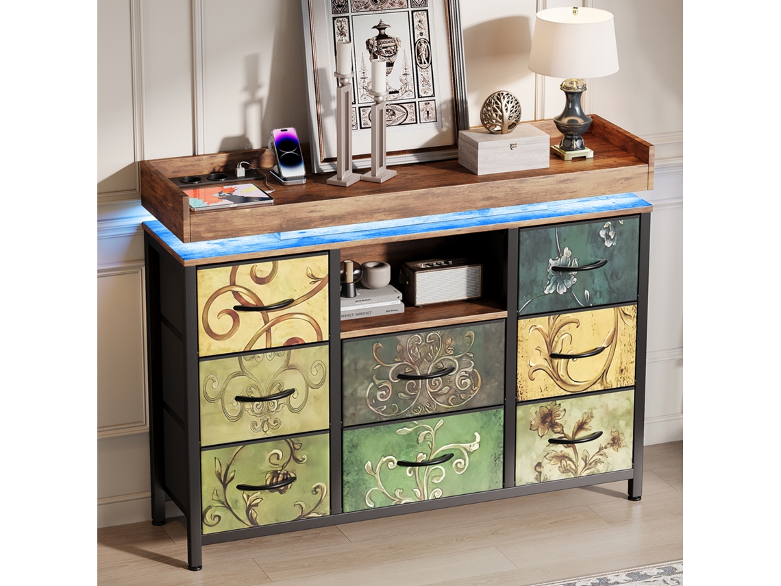 Cómoda 8 Gavetas Veyrixan Carvalho Com Tecido Colorido, Led Rgb Por App 108×30×82 Cm, Usb, Aparador Industrial Quarto E Sala, Anti-basculamento
