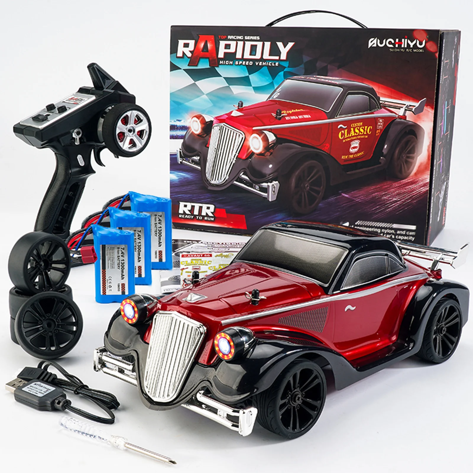 (vermelho - 3 Pilhas) Carro de acrobacias elétrico 4x4 com controle remoto, escala 1/16, para drift, com controle remoto de 2,4 GHz e luzes.