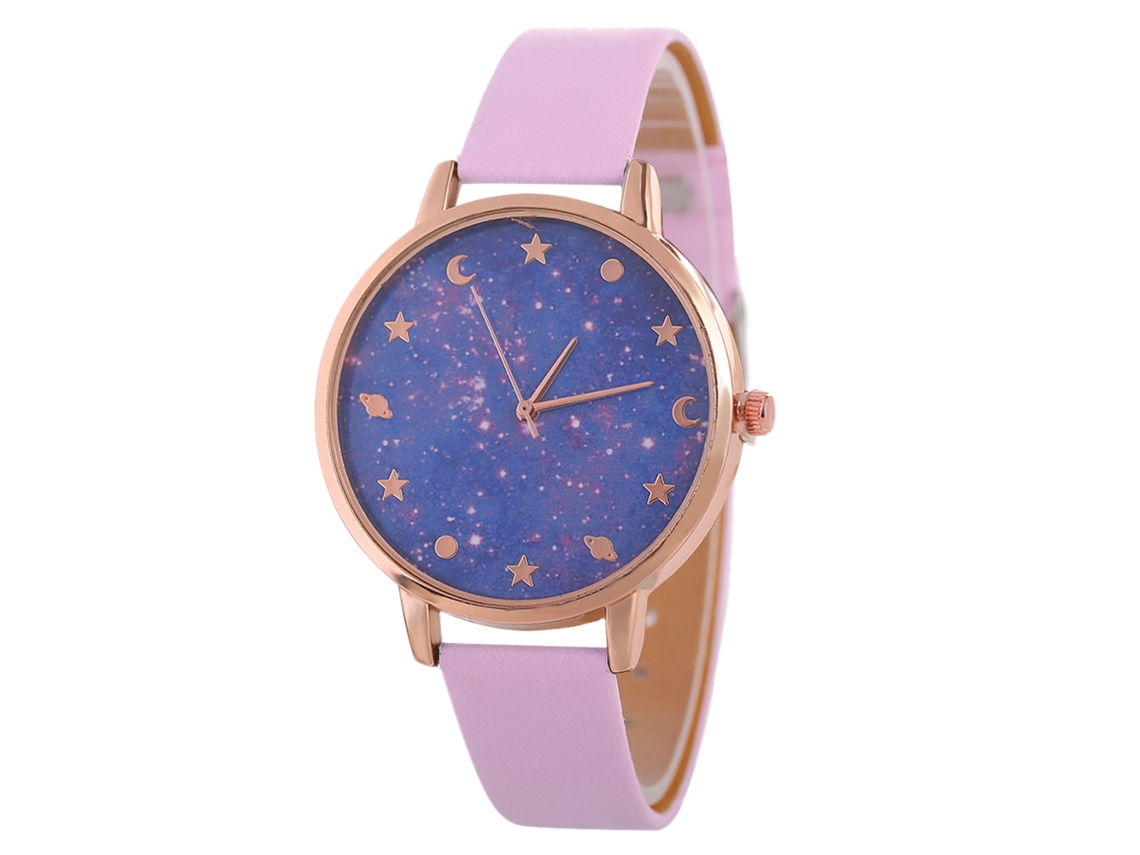 Relógio de Pulso Feminino de Quartzo com Esfera Céu Estrelado Roxo e Pulseira de Couro Rosa