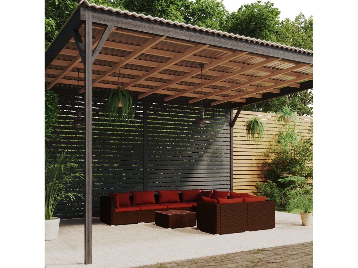 Vidaxl 9 Pcs Conjunto Lounge De Jardim C/ Almofadões Vime Pe Castanho