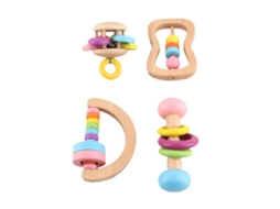 Primerox conjunto de 4 Chocalhos de Madeira para Bebê Recém nascido Brinquedos de Aprendizagem Precoce