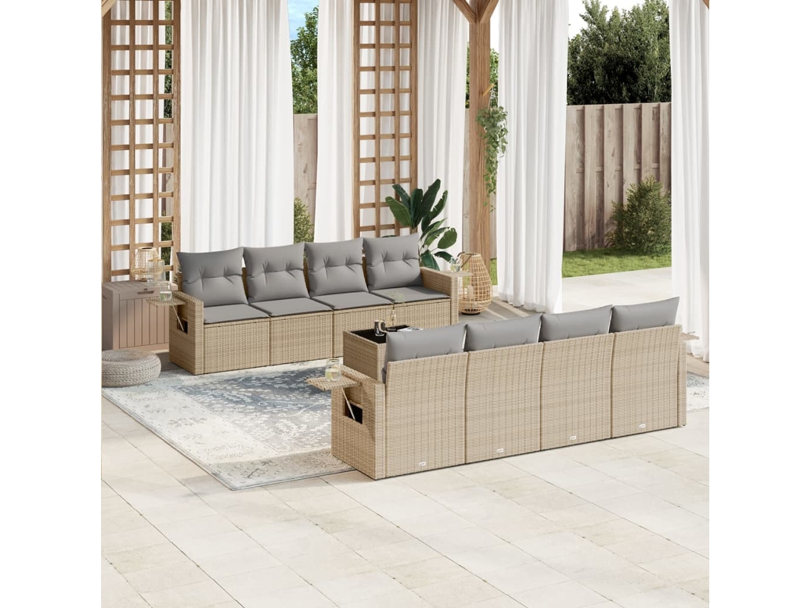 Vidaxl 9 Pcs Conjunto De Sofás P/ Jardim Com Almofadões Vime Pe Bege