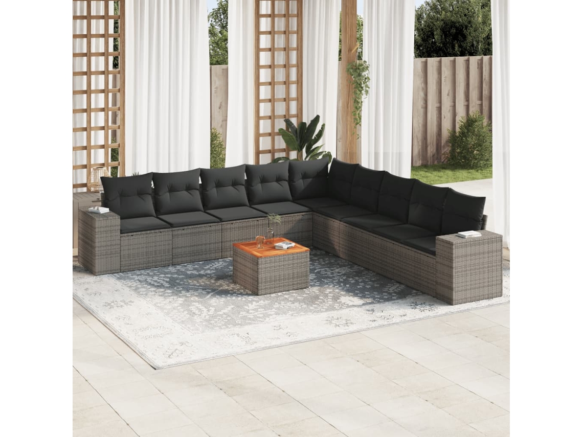 Vidaxl 10 Pcs Conjunto Sofás De Jardim C/ Almofadões Vime Pe Cinzento