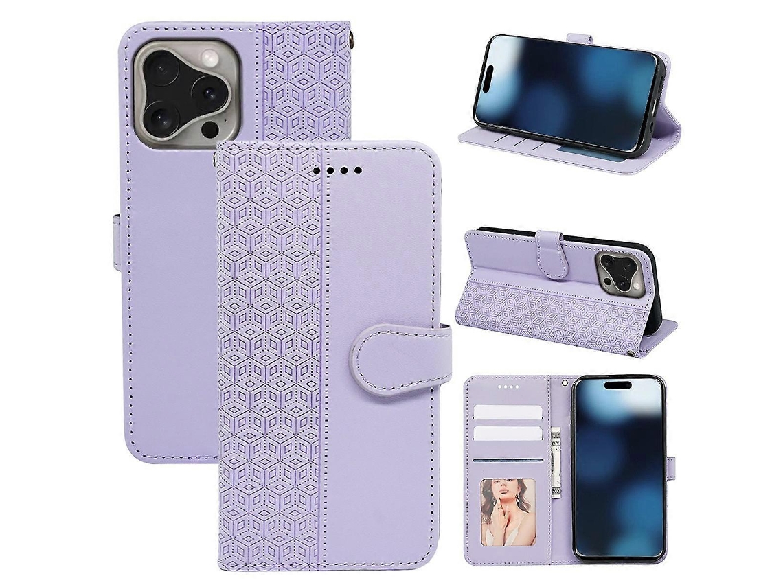 Capa Tipo Carteira De Couro Com Grade Cúbica Para Iphone 16 Pro