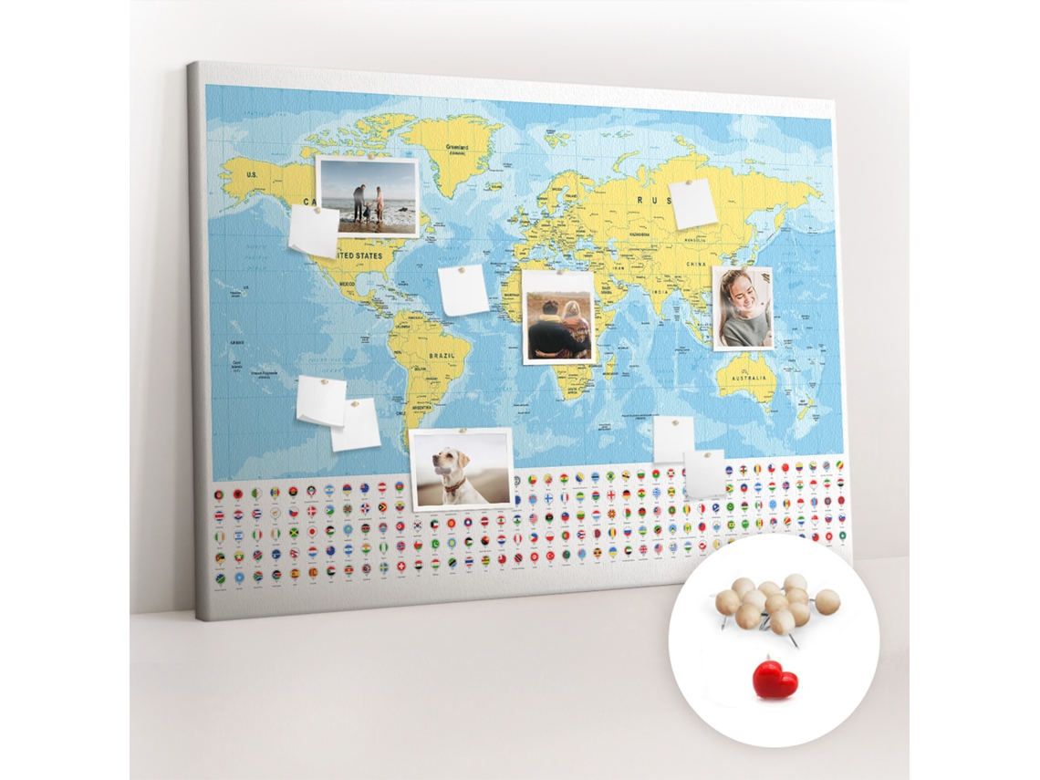 Painel De Cortiça Para Parede Mapa-múndi E Bandeiras Para A Sala De Estar Espelharte (140x100 Cm)