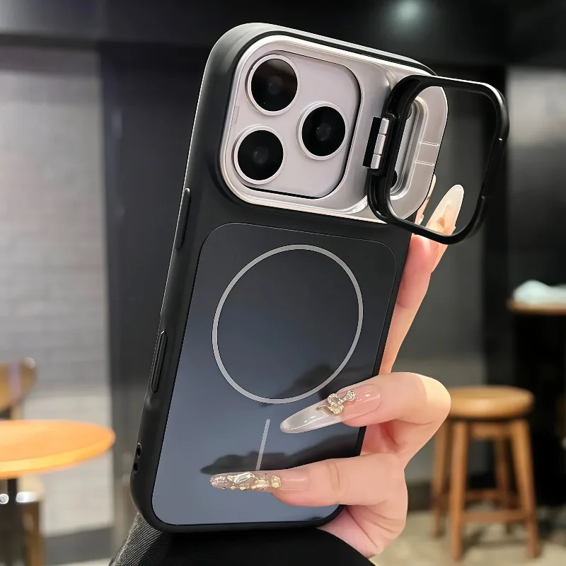 Capa Magnética Fosca Para Celular Com Suporte Dobrável Para Câmera (iphone 16 Pro Preto)