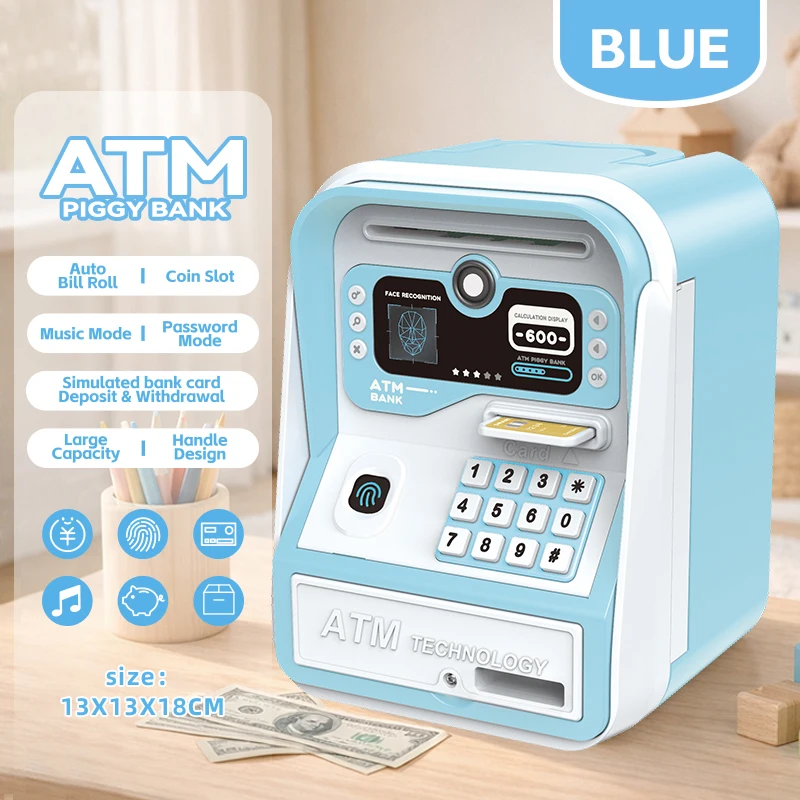 Cofrinho em Forma de Senha de Caixa Eletrônico Simulada, Brinquedo Criativo para Crianças MDUG (azul)