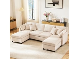 Conjunto Sofá Modular Em Chenille Conversível Em U Ou L Com 2 Puffs E 6 Almofadas