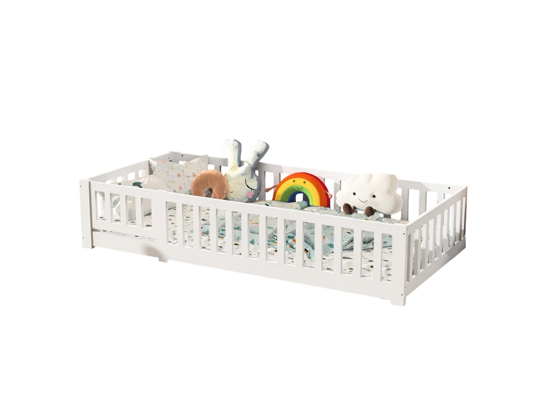Cama Infantil De Chão 90x200 Cm, Cama Casinha Infantil Com Proteção Contra Quedas E Estrado De Ripas, Cama Montessori, Berço Mexus