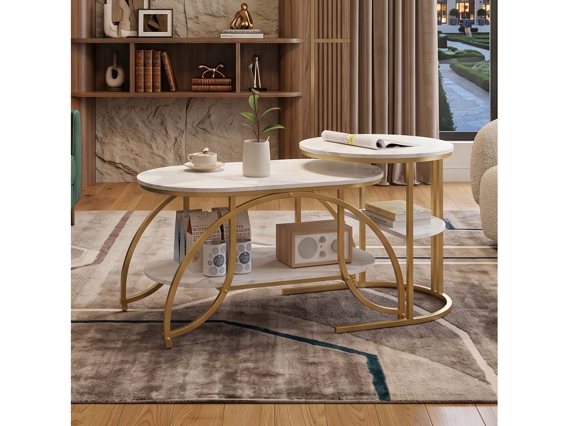 Lazyspace Mesa De Centro Efeito Mármore 80x46x51 Cm Com Estrutura De Metal Dourado E Arrumação Dupla - Branco E Dourado