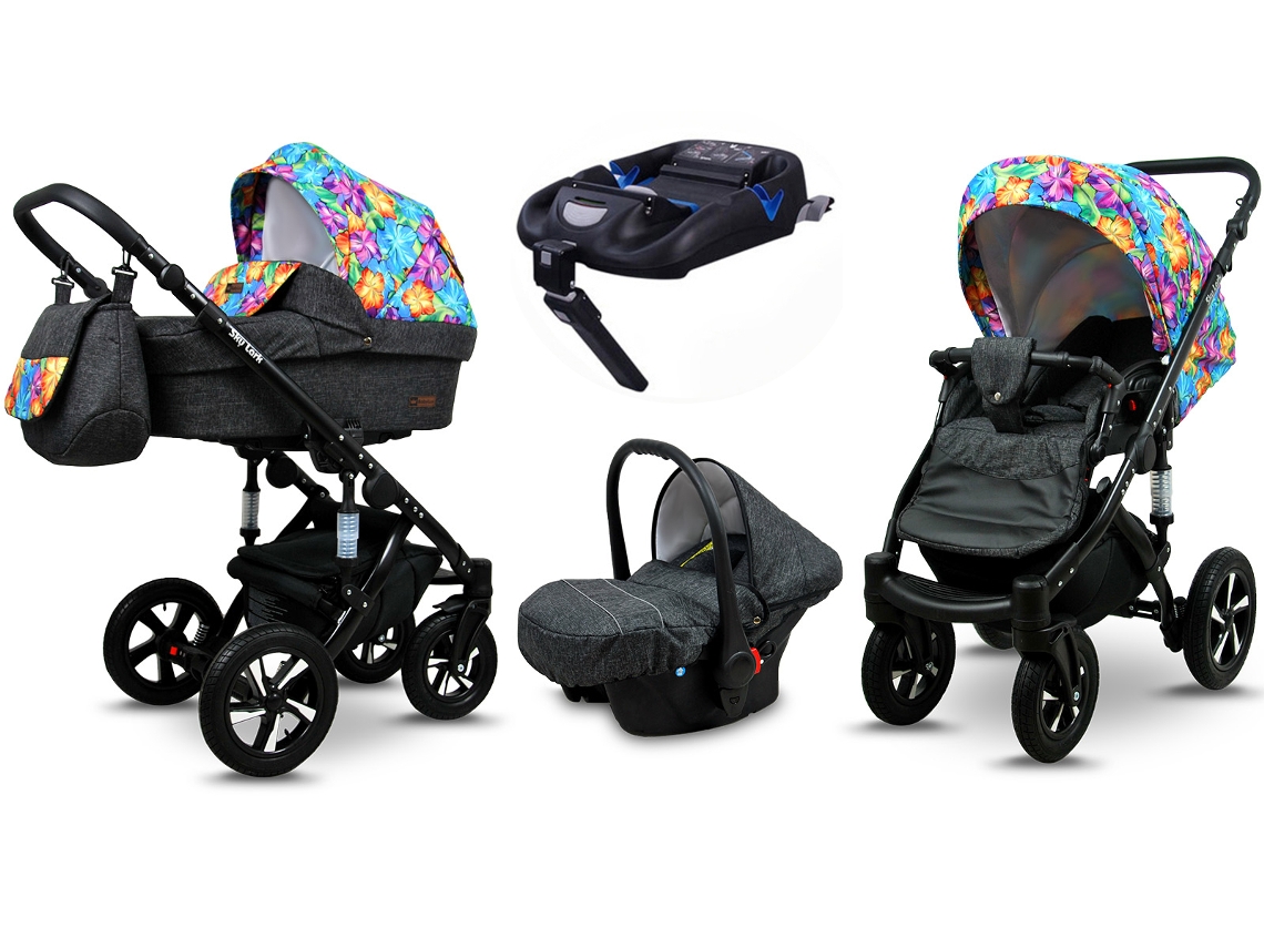 Carrinho de Bebé Multifuncional BABYLUX SKY LARK 4 Em 1 -Paint Flowers BLACK FRAME - Ajustável e dobrável Construção leve em alumínio - Acessórios