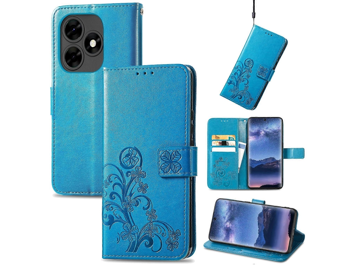 Capa De Couro Para Celular Com Fecho De Quatro Folhas E Fivela Em Relevo