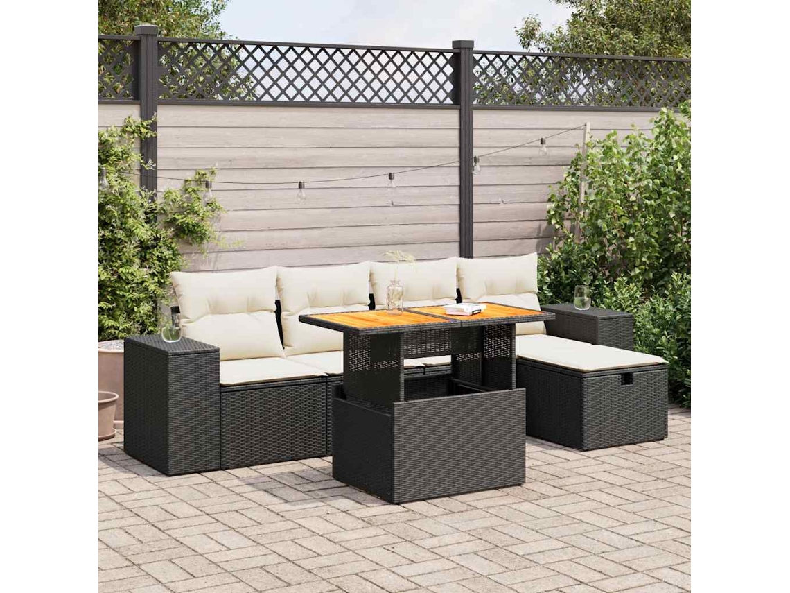 Vidaxl 6 Pcs Conjunto Sofás Jardim C/ Almofadões Vime Pe/acácia Preto