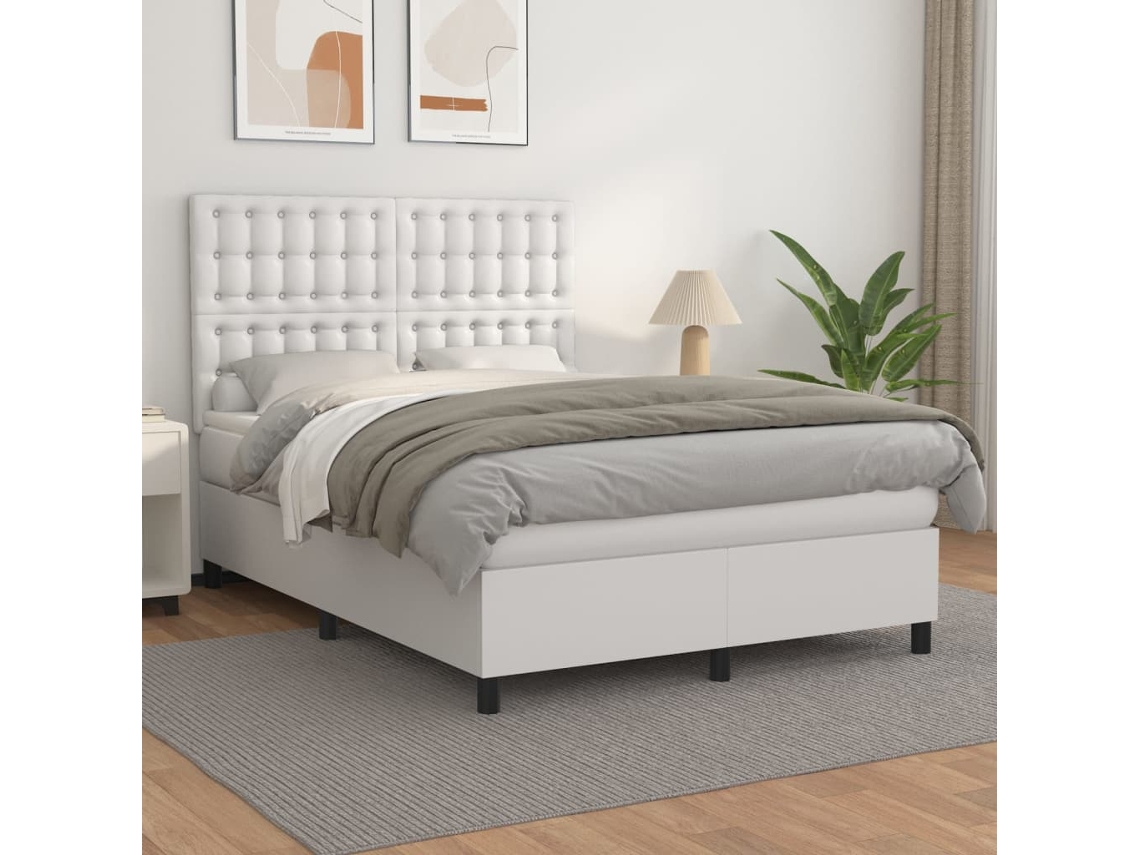 Vidaxl Cama Com Molas/colchão 140x190 Cm Couro Artificial Branco