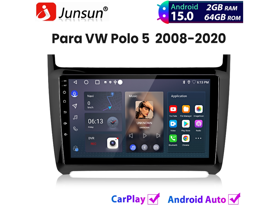 Rádio Automóvel JUNSUN Android 15 Carplay para Vw Polo 5 2008 2020 Gps Navi Bt 2+64gb